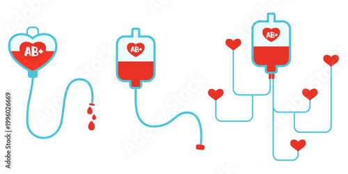 Universal donor AB plus blood bag connected to many heart shapes representing life saving donation and help hand drawn illustration isolated on white