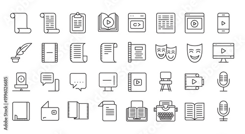 Collection of outline icons for creative industries, media, writing, and digital content creation