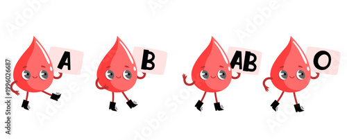 Cute blood drop characters holding signs with A B AB O blood groups for medical educational posters and donor day hand drawn illustration isolated on white