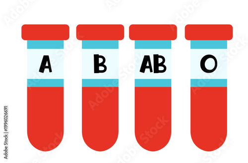Glass test tubes filled with blood types A B AB and O for laboratory analysis and medical diagnosis hand drawn illustration isolated on white background