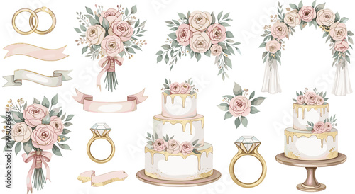 Elegant pastel wedding floral collection with bouquets cakes rings ribbons and decorative elements for romantic celebration vector set