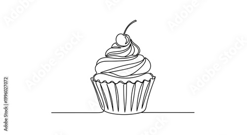 Minimalist single line drawing of a cupcake with cherry on top, isolated on white background