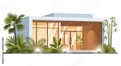 Modern Tropical House Exterior with Lush Greenery and Bamboo