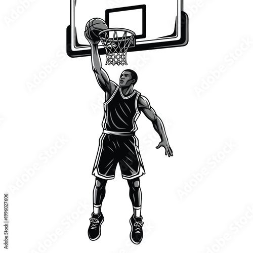 Dynamic illustration of a male basketball player executing a powerful slam dunk with the ball poised above the hoop, captured in a monochrome, action-packed style against a stark white