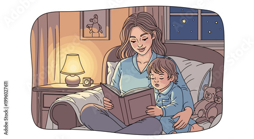 Mother reading bedtime story to child in cozy bedroom at night