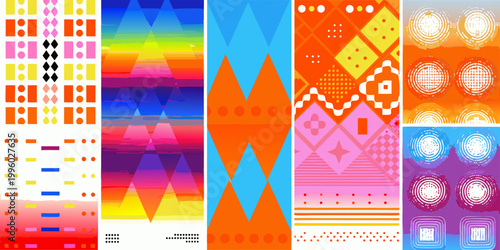 A colorful collage of abstract geometric patterns and vibrant gradients displayed vertically