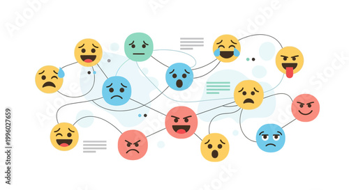 Network of diverse emotions expressed through colorful emojis connected by lines, representing feelings and communication.