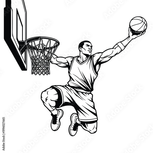 Dynamic black and white illustration of a powerful basketball player mid-air, executing a forceful slam dunk with intense focus against a clean white background