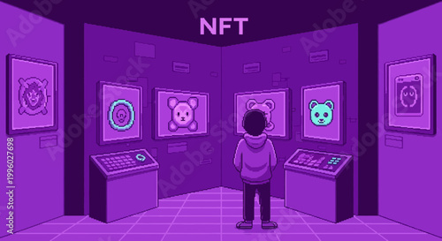 NFT Art Gallery Exhibition: Person viewing digital collectibles in a modern museum hall