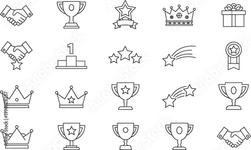 Set of awards and achievement vector icons including trophies, crowns, stars, and ribbons for recognition and success designs