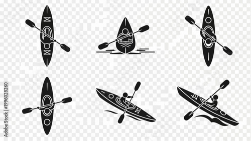 Kayaking Icons Set: Silhouette of Kayaker Paddling on Water