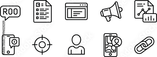 Digital marketing icons set, seo analytics content communication symbols vector illustration collection design