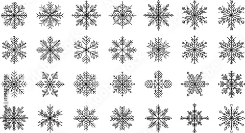 Set of snowflake vector illustrations featuring various intricate snowflake designs in black line art style for winter and holiday themes