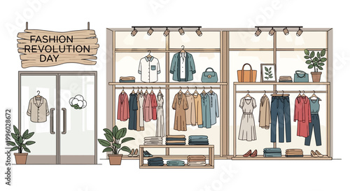 Fashion Revolution Day is depicted with a hand-drawn aesthetic, showcasing a store with eco-friendly clothing, sustainable textile concepts, and fair trade fashion, set against a clean