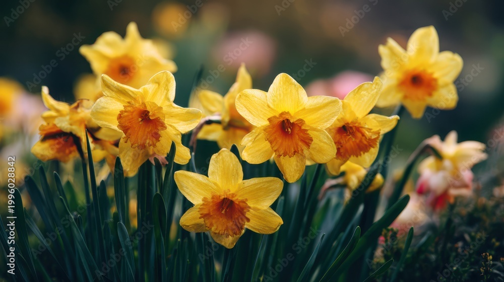 Fototapeta premium Close up of bright yellow daffodils with orange centers and green stems narcissus flower