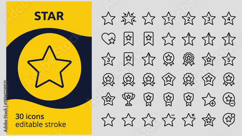 Collection of various star icons in different shapes and designs for ratings and awards  editable stroke