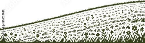 Stylized green meadow with grass and flowers on a hillside