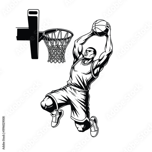 Dynamic black and white illustration of a powerful basketball player mid-air, executing a decisive slam dunk with intensity against a clean white background