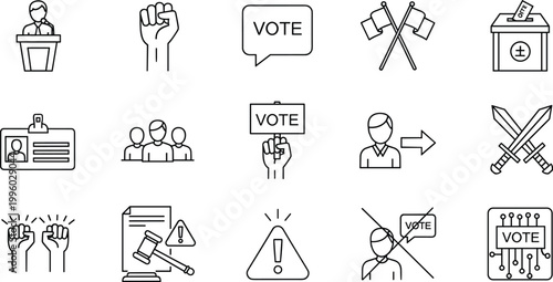 Set of voting and democracy vector icons including elections, ballot boxes, protests, and civic participation elements