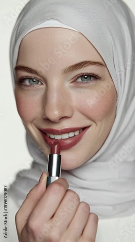 Close Up Portrait Beautiful Woman Applying Lipstick Studio Lighting White Background 4K Detail