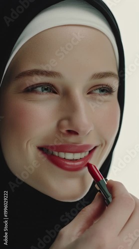 Close Up Portrait Beautiful Woman Applying Lipstick Studio Lighting White Background 4K Detail