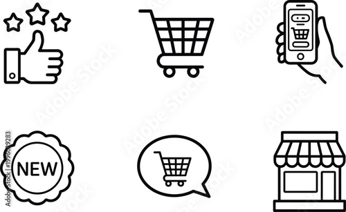 Ecommerce shopping icons set, online store rating payment symbols vector illustration collection design
