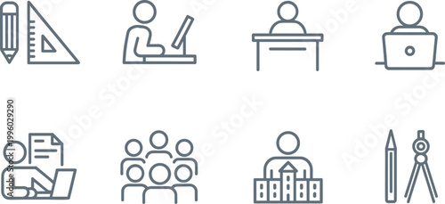 Education school icons set, learning classroom student teacher symbols vector illustration collection design