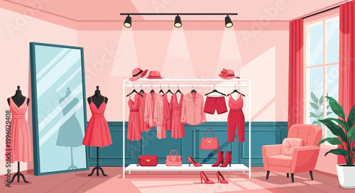 An elegant pink toned walk in closet displays dresses hats handbags and shoes on racks and mannequins