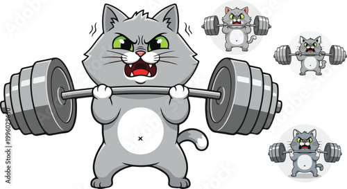 Angry cat weightlifter, fitness feline, gym kitty, exercise cartoon