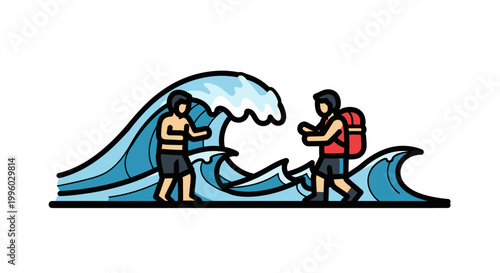 Two People Confronting a Large Ocean Wave in a Cartoon Illustration.