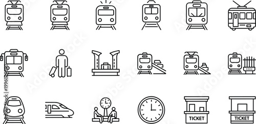 Set of train station and transport vector icons including trains, tickets, platforms, and travel elements for transportation and commuting designs