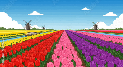 Vibrant tulip fields with windmills and a boat on a sunny day.