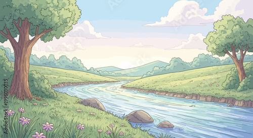 Peaceful river flowing through a green summer landscape with trees and hills.