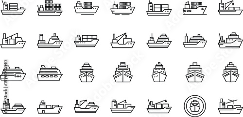 Set of ship vector icons including cargo ships, container vessels, cruise ships, and maritime elements for transportation and logistics designs