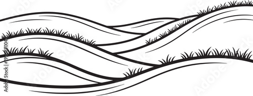 Rolling hills landscape with grass patches line art illustration
