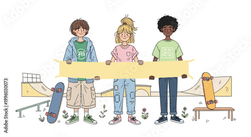 Diverse teenagers hold a blank banner in a skate park.
