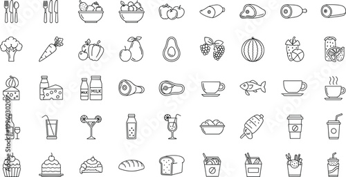 Set of food and drink vector icons including fruits, vegetables, beverages, desserts, and snacks for culinary and nutrition designs