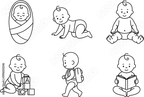 Set of baby vector illustrations showing different growth stages from newborn to toddler with playful and developmental activities