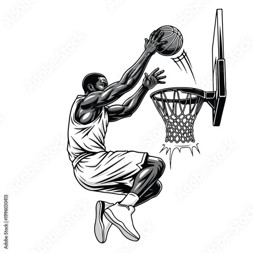 Dynamic illustration of an athletic basketball player executing a powerful slam dunk over the hoop in a monochrome, action-packed composition against a clean white background