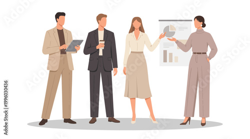 Business Team Presenting Chart Data Board Faceless Neutral Tone Flat Vector Illustration