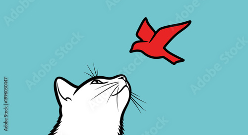 Whimsical illustration of a curious white cat looking up at a small red bird flying against a bright blue background