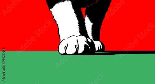 Stylized graphic illustration of a domestic cat's black and white paws stepping forward on a green floor with a bright red backdrop, minimalist design.