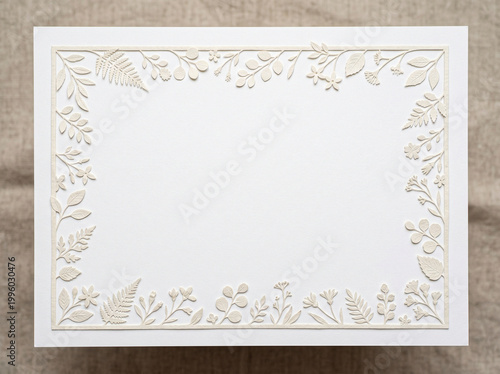 Blank Floral Paper Cut Invitation Card With Decorative Botanical Frame On Neutral Fabric Background
