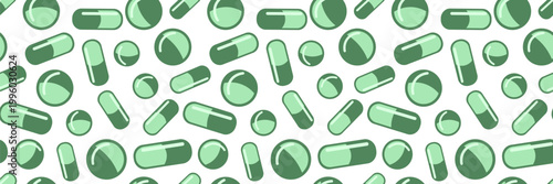 Seamless pattern of green medical capsules and round tablets on a white background, perfect for healthcare design, pharmaceutical branding, and pharmacy website themes.