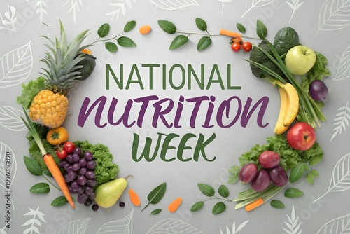 A vibrant wreath of fruits and vegetables celebrates National Nutrition Week with a colorful display of healthy eating