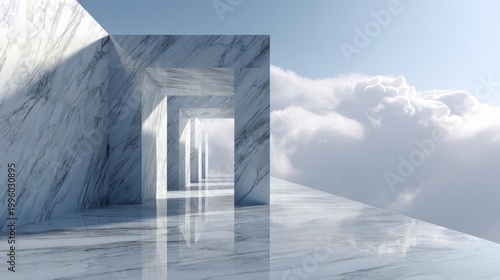 Ethereal marble corridor with sky and clouds reflecting on polished floor architecture abstract