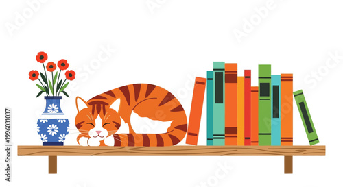 A peaceful orange tabby cat is curled up asleep on a shelf with books and flowers