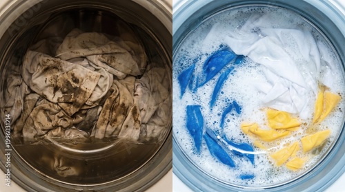 Dirty and clean clothes comparison before and after washing process
