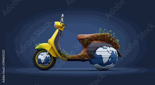 Eco friendly scooter with wheels made of planet Earth.