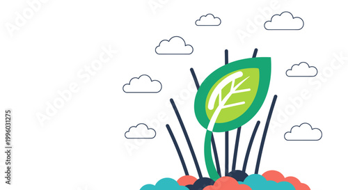 Green sprout growing from soil with clouds in the sky.
